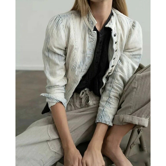 Free People Distressed Factory Bleached Out Indigo Cassie Jacket Crop Medium - Picture 16 of 16